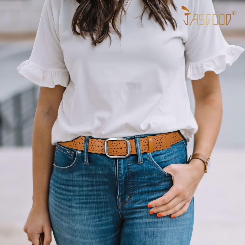 JASGOOD Women's Hollow Flower Genuine Leather Belt for Jeans Pants Wide Belt for Ladies - Image 3
